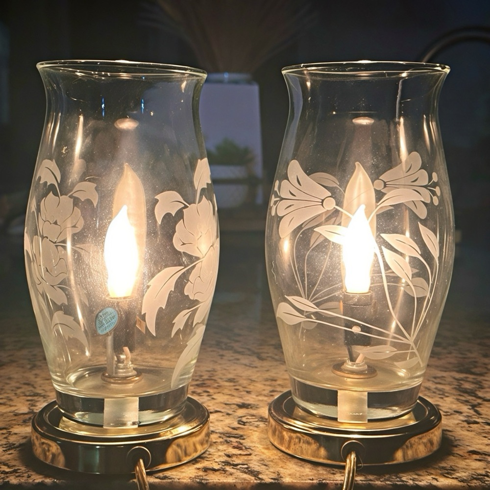 Pair of Vtg 9" Electric Crystal Hurricane Lamp, Frosted Floral Etched